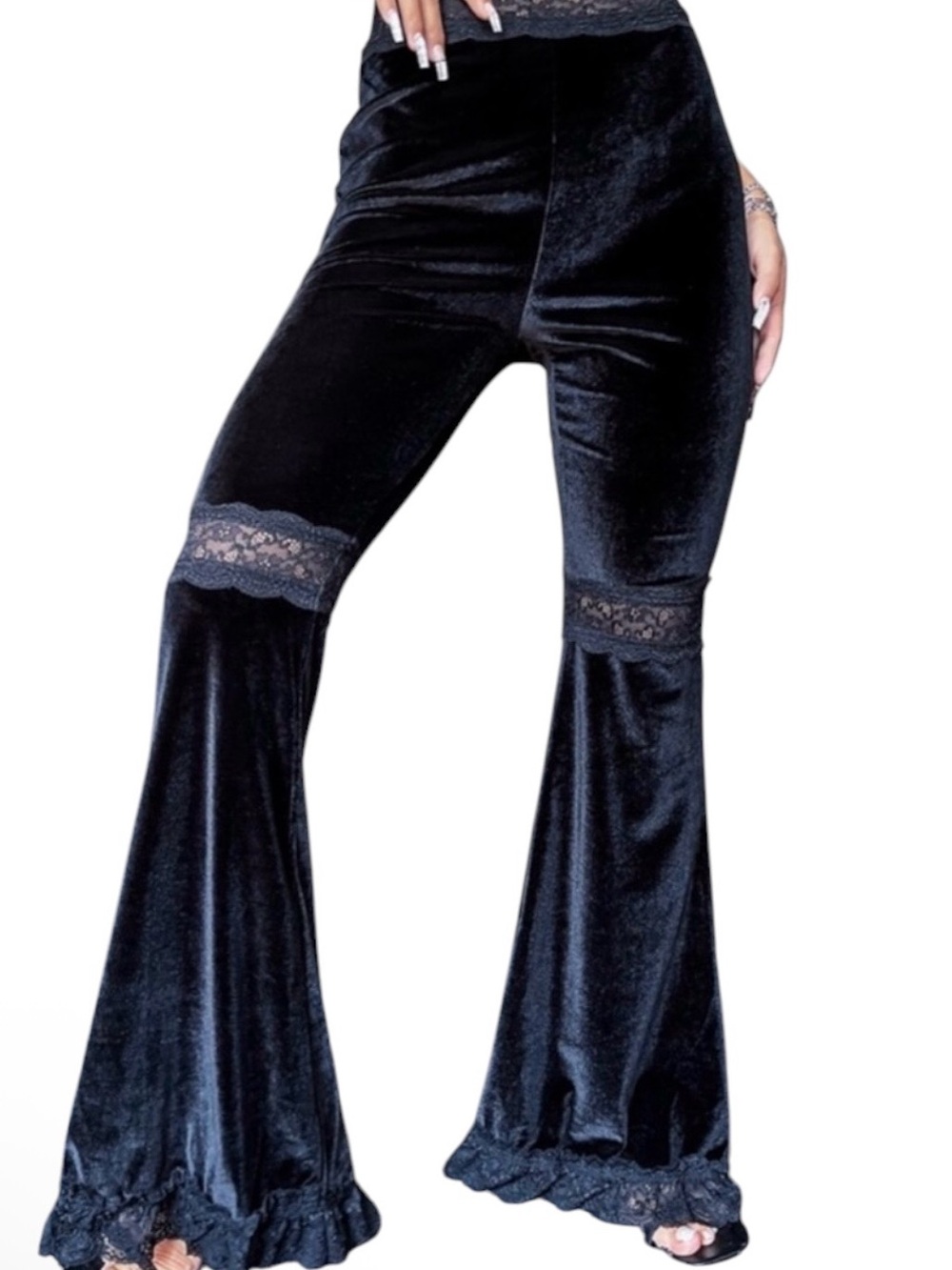 Black lace trim velvet bell bottom wide leg goth pants size 3XL